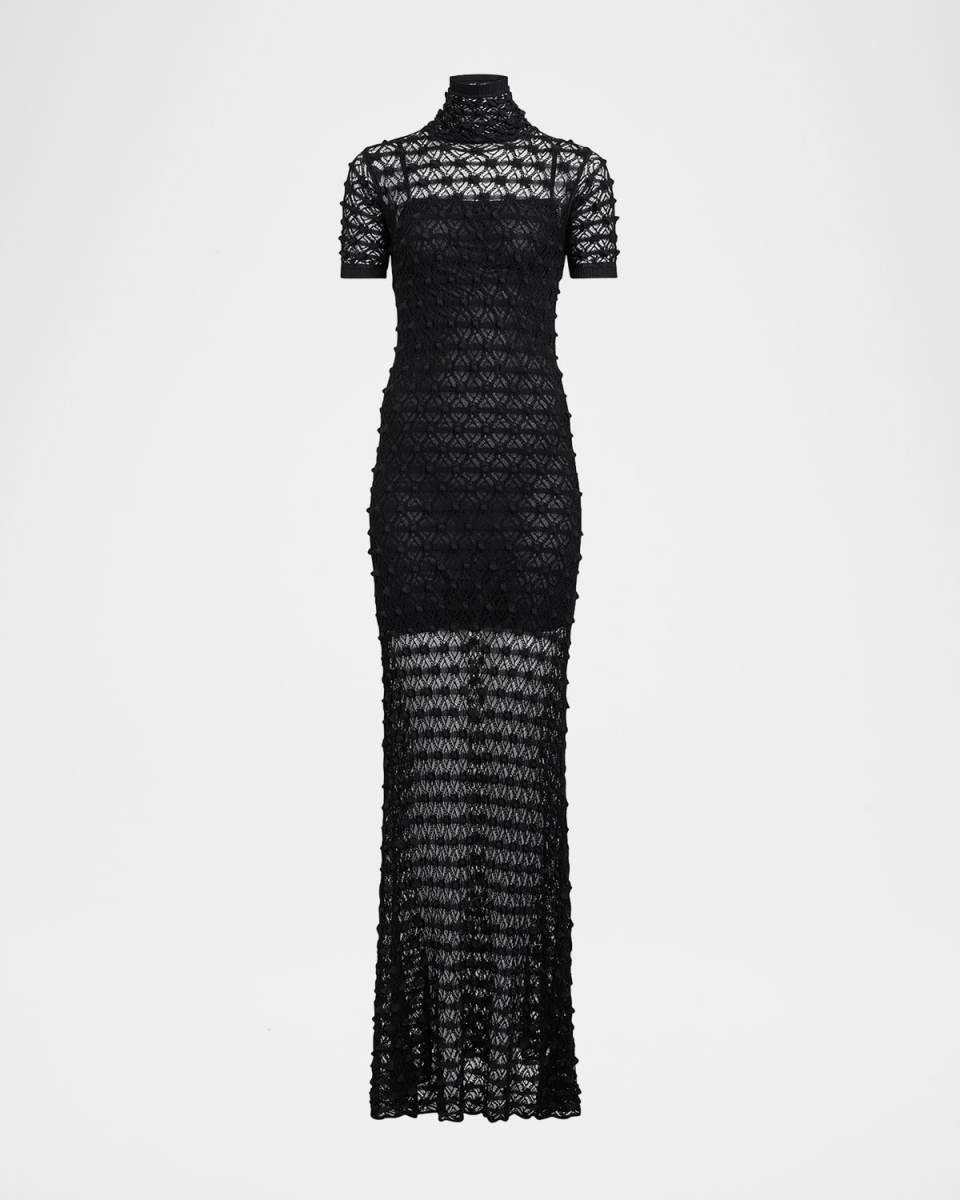 Mock-Neck Short-Sleeve Sheer Lace Gown